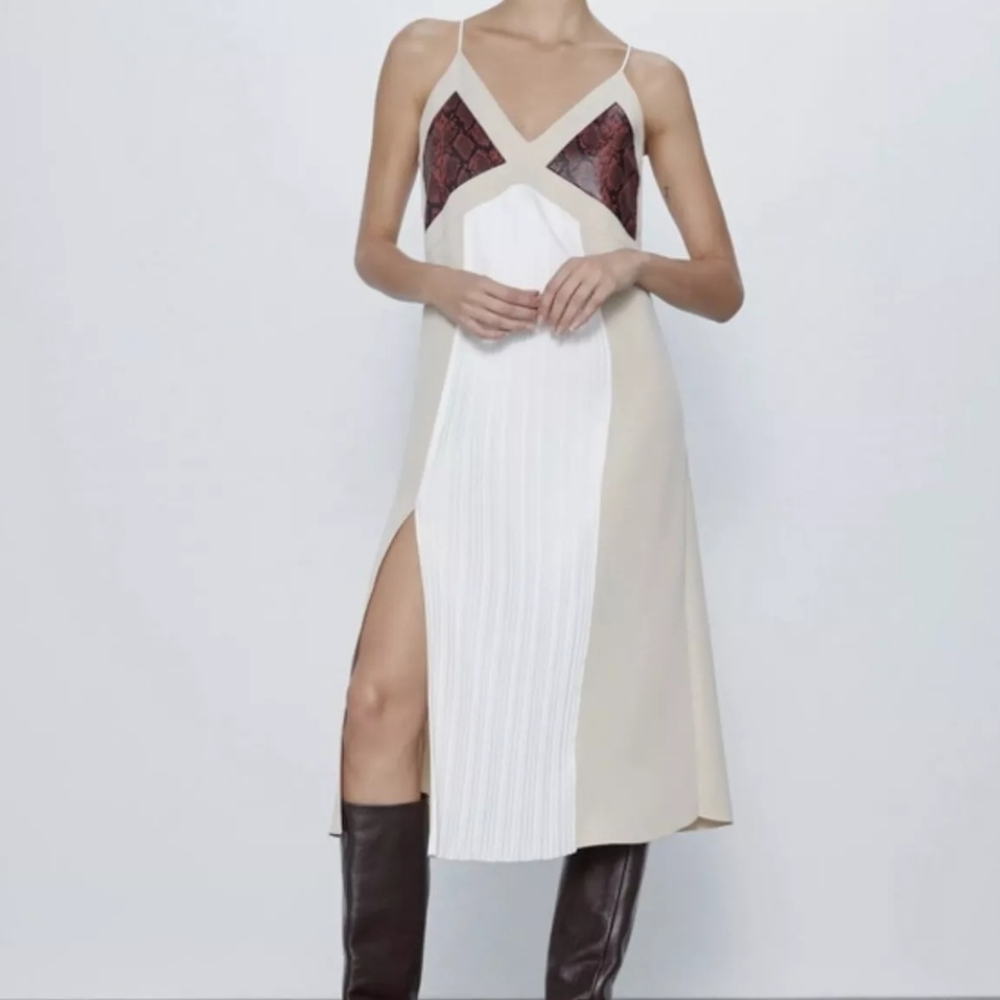 Zara Pleated Snakeskin Detailed Slip Dress Size S - Picture 3 of 9